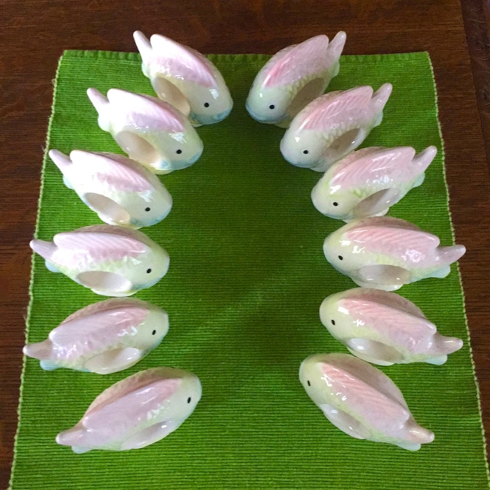 Set of 12 ceramic napkin rings, rainbow fish motif